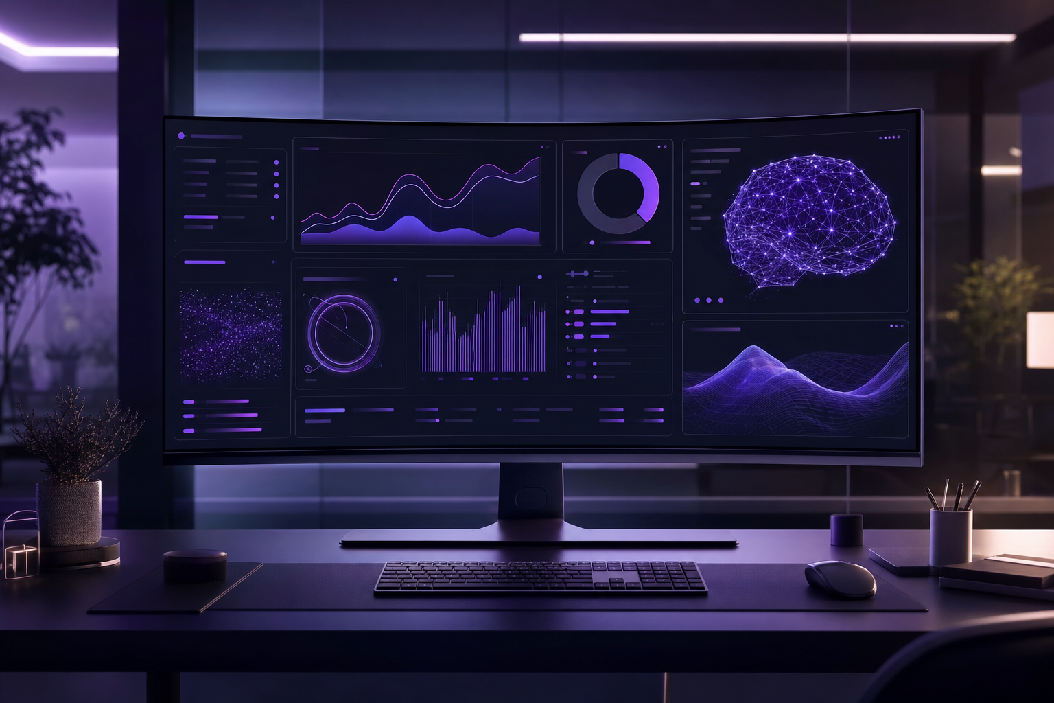 Дашборд маркетинговой аналитики с нейросетью: графики и AI-интерфейс на широком мониторе в современном офисе