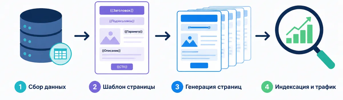 Схема процесса Programmatic SEO: сбор данных, шаблон страницы, генерация страниц и индексация